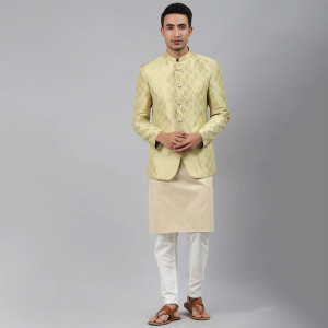 Men Gold Self-Design Slim Fit Bandhgala Blazer